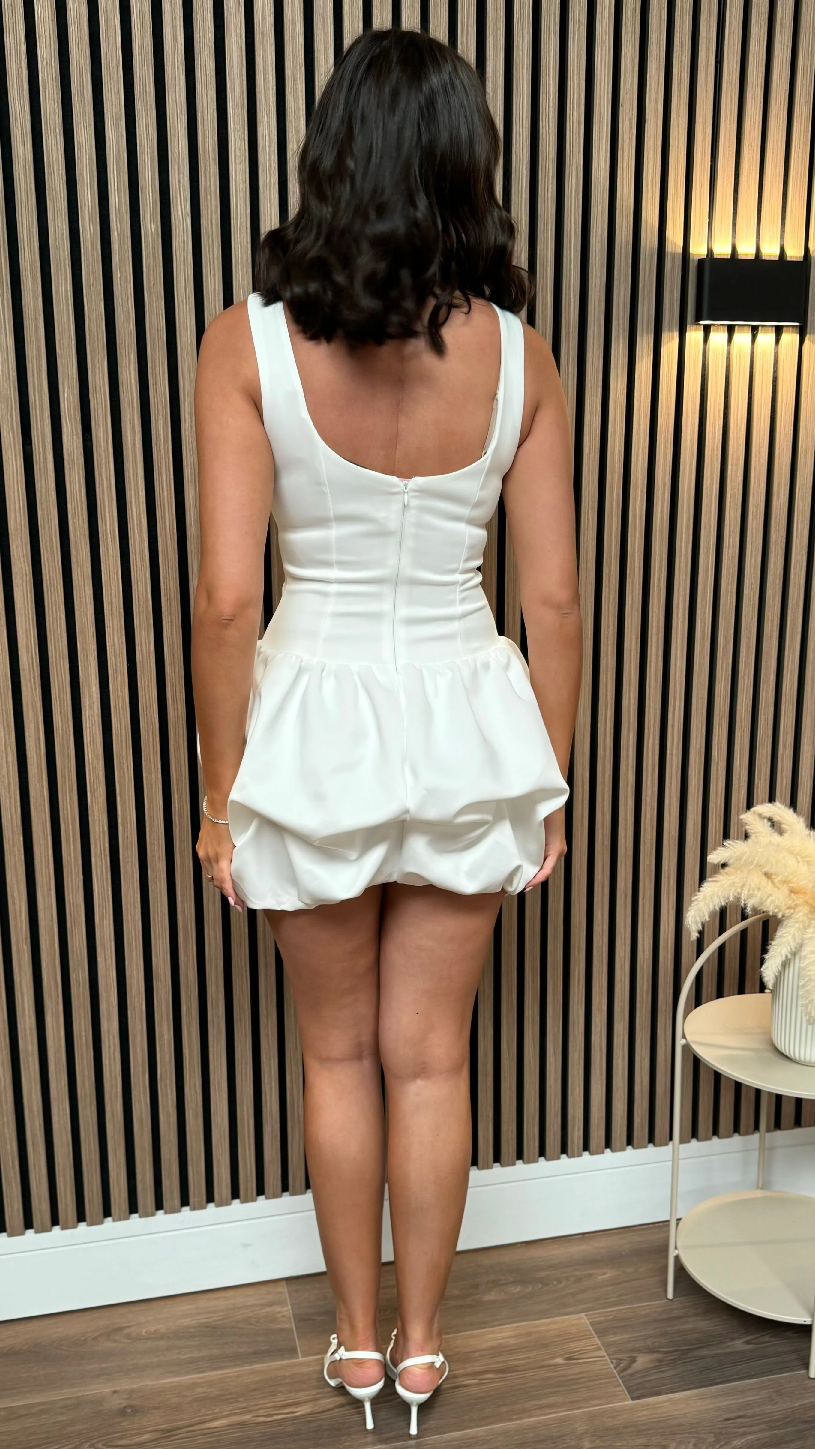 Addy Cream Pearl Neckline Puff Ball Mini Dress