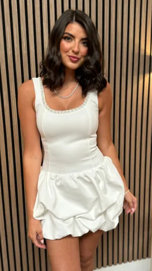 Addy Cream Pearl Neckline Puff Ball Mini Dress