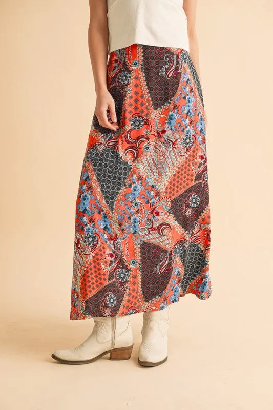 Aemi   Co Printed Orange Boho Maxi Skirt