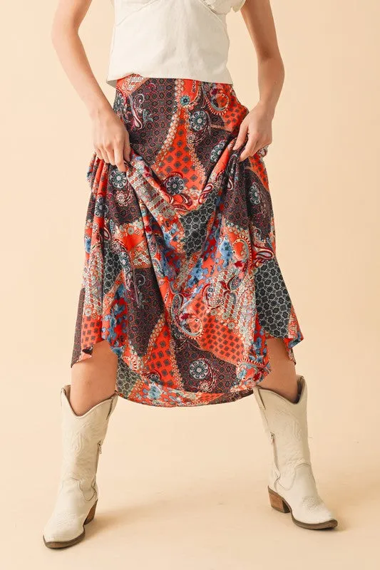 Aemi   Co Printed Orange Boho Maxi Skirt