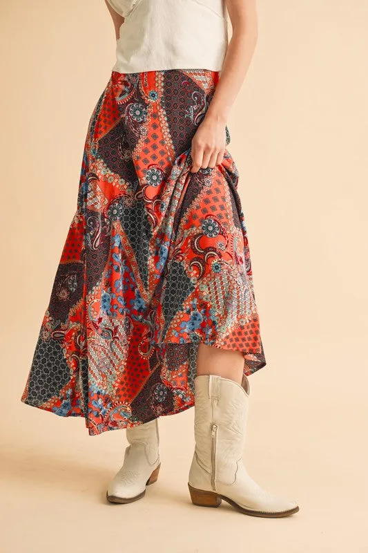 Aemi   Co Printed Orange Boho Maxi Skirt