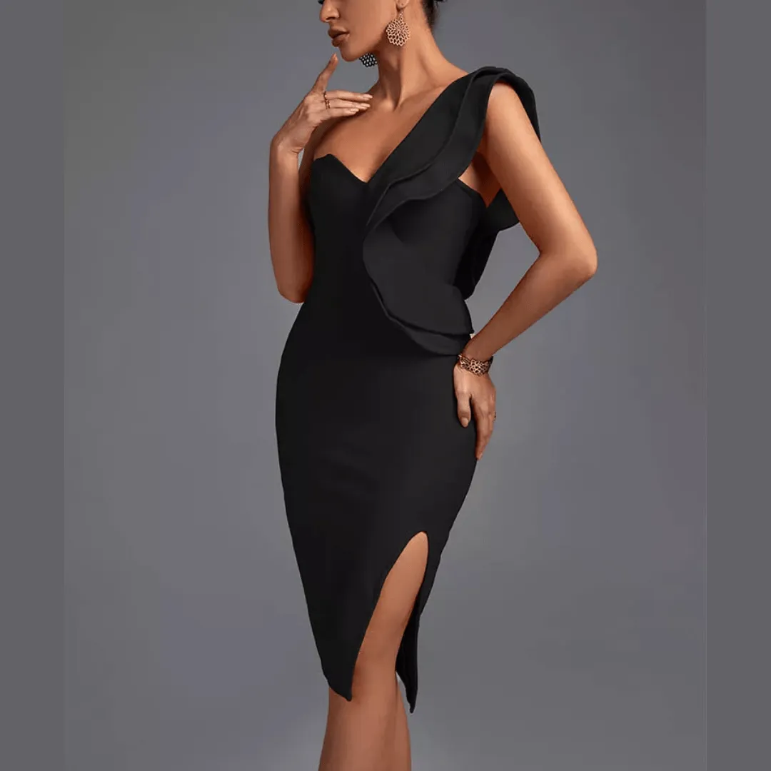 Aurora - Black One Shoulder Ruffle Bandage Dress