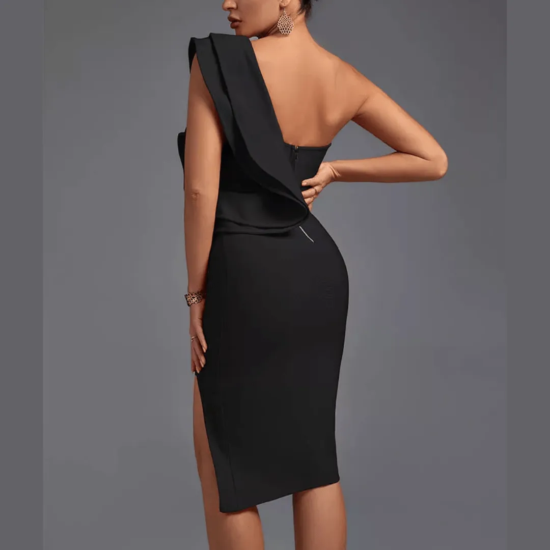 Aurora - Black One Shoulder Ruffle Bandage Dress