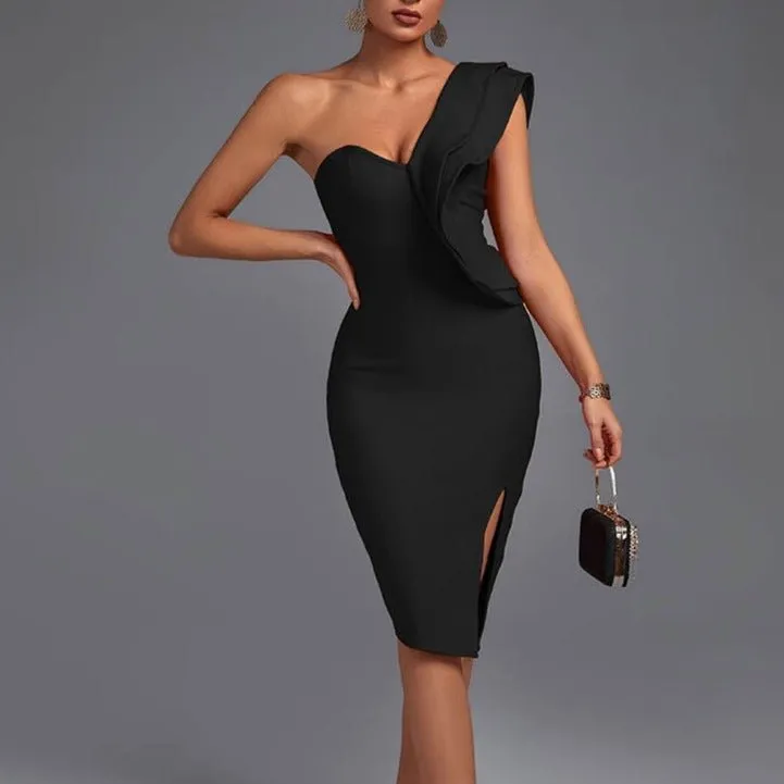Aurora - Black One Shoulder Ruffle Bandage Dress