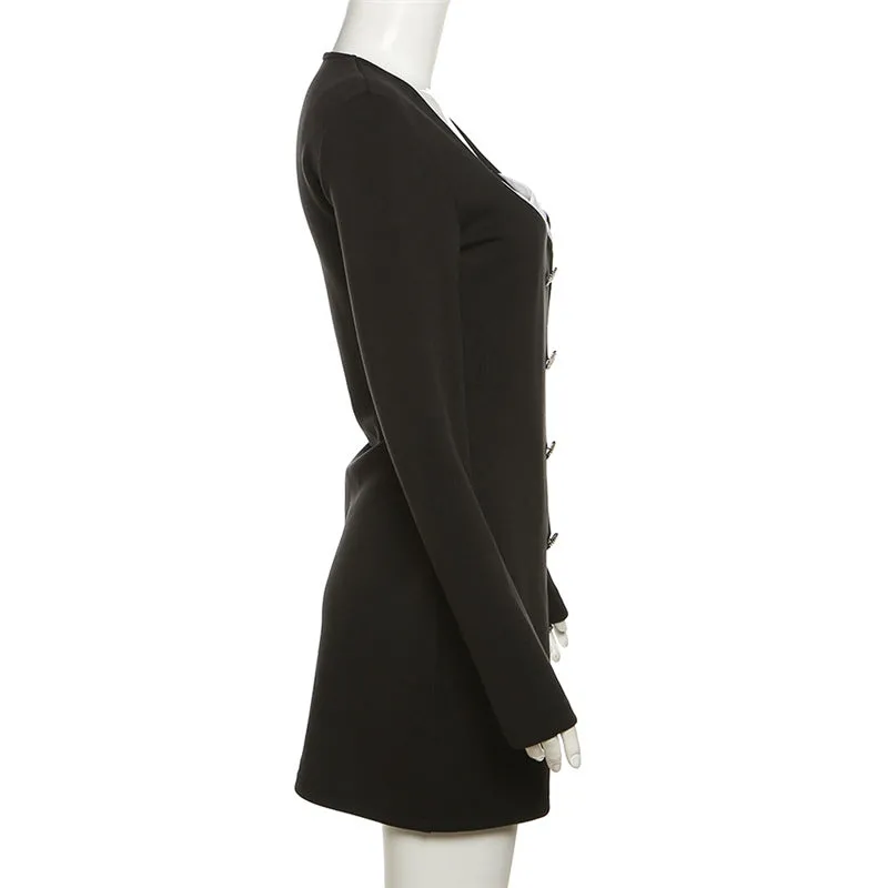 Autumn Fashion Trend. New Style Long-Sleeved Square-Neck Patchwork Fitted Hugging Hip Dress. C241021-1