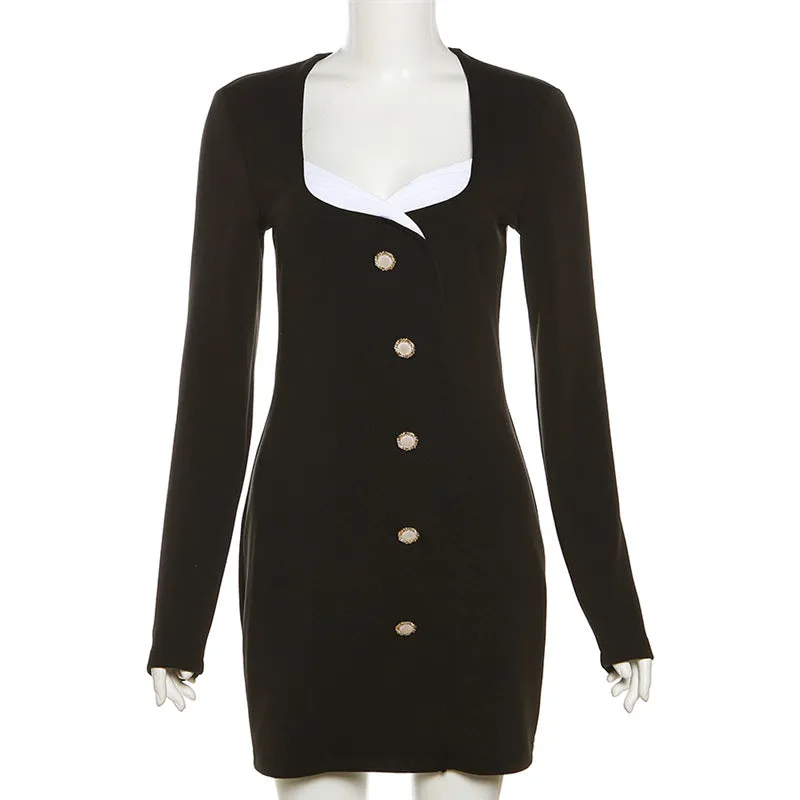 Autumn Fashion Trend. New Style Long-Sleeved Square-Neck Patchwork Fitted Hugging Hip Dress. C241021-1