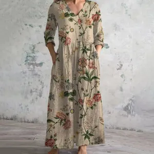 Berna -【Long Sleeve】Vintage Dress with Floral Pattern