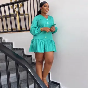 Chic U-Neck Buttoned Pleated Dress with Long Puff Sleeves