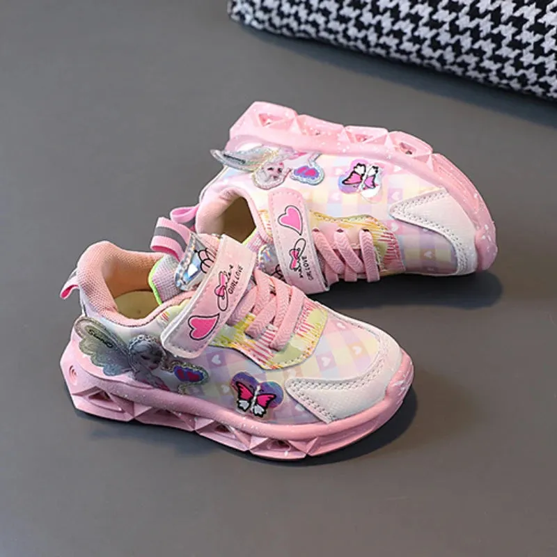 Disney Girls' Casual Led Light Shoes Children's Sports Frozen Princess Elsa Pink Purple Shoes Sneakers