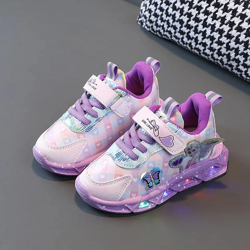 Disney Girls' Casual Led Light Shoes Children's Sports Frozen Princess Elsa Pink Purple Shoes Sneakers
