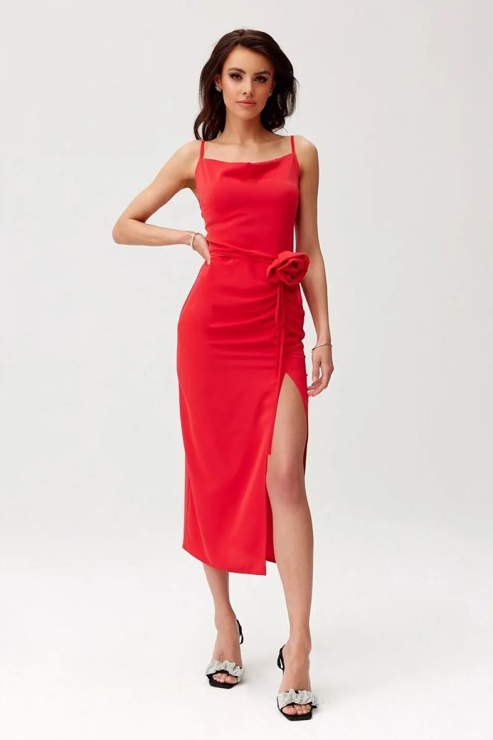Draped Midi Dress with Rose Detail