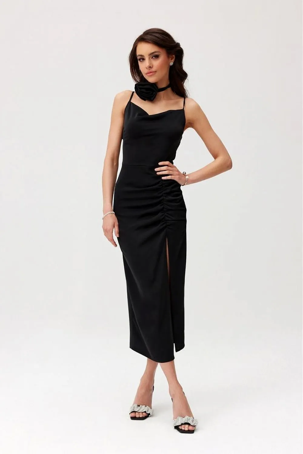 Draped Midi Dress with Rose Detail