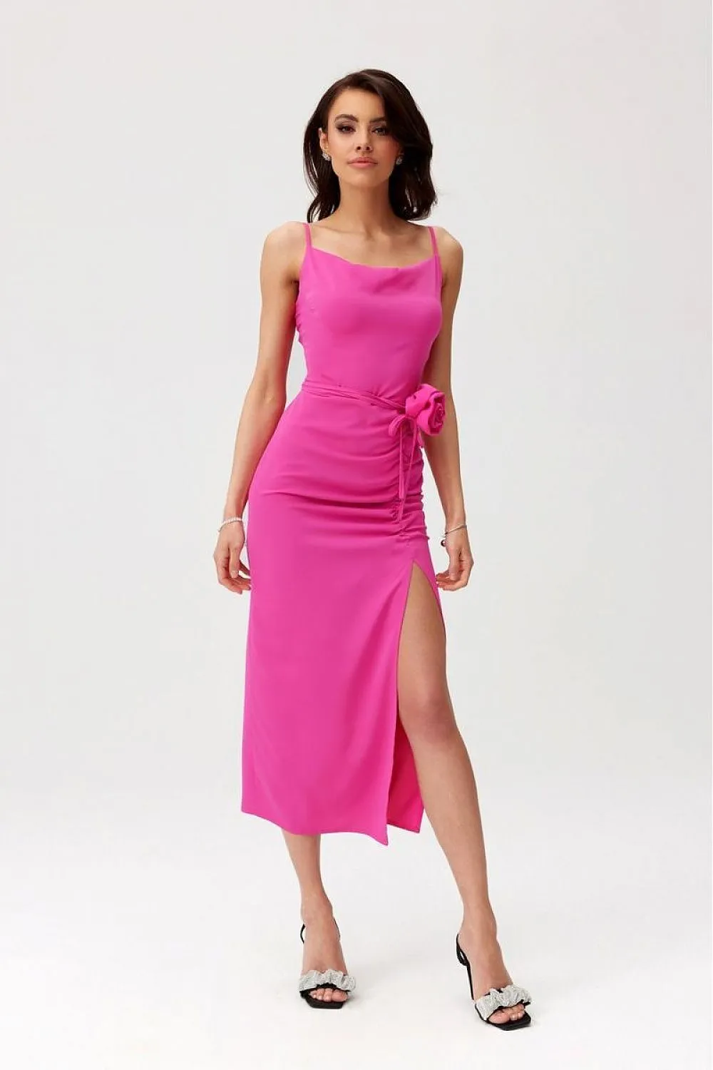 Draped Midi Dress with Rose Detail