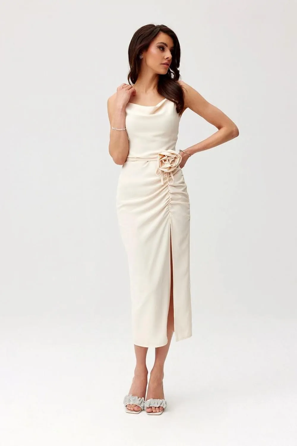 Draped Midi Dress with Rose Detail