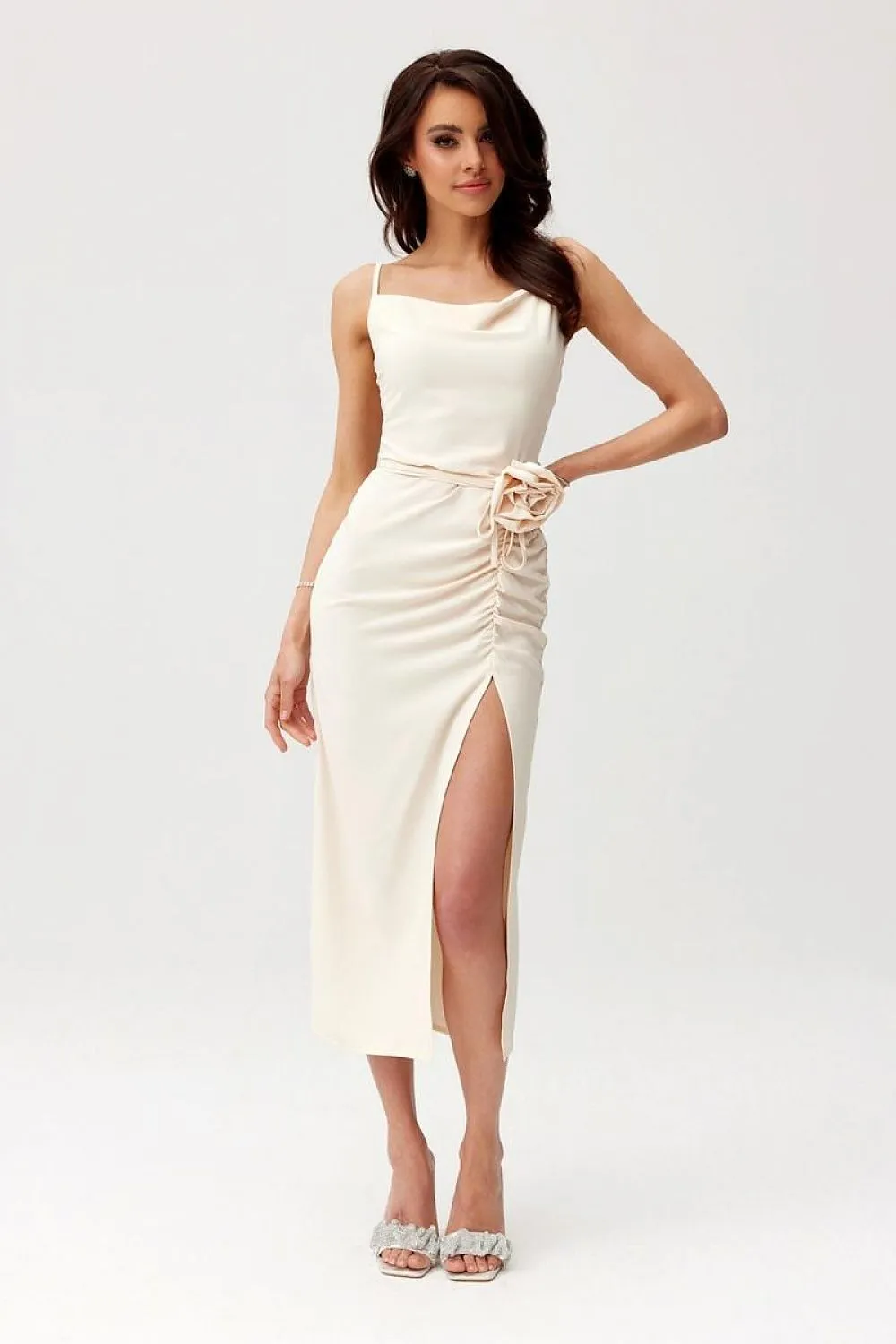 Draped Midi Dress with Rose Detail