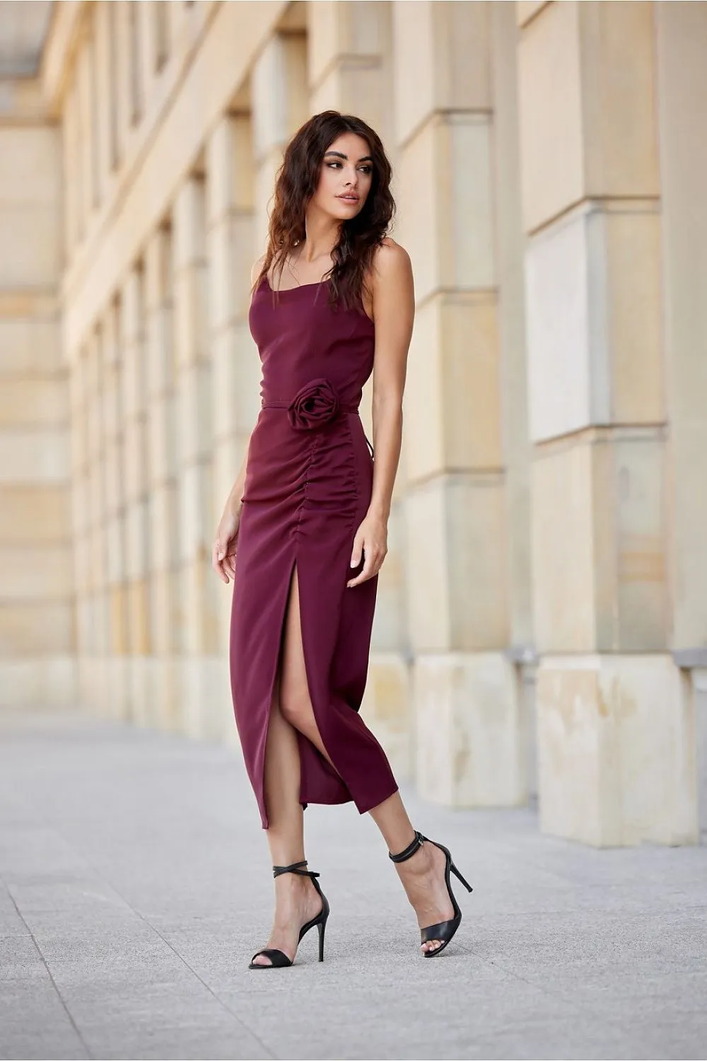 Draped Midi Dress with Rose Detail
