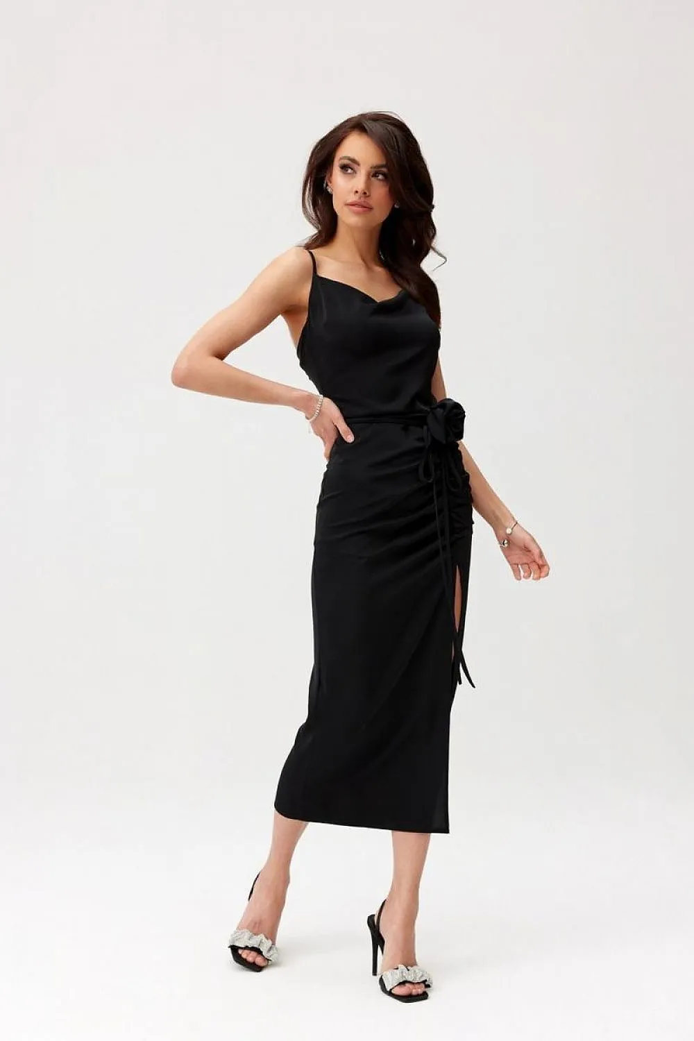 Draped Midi Dress with Rose Detail