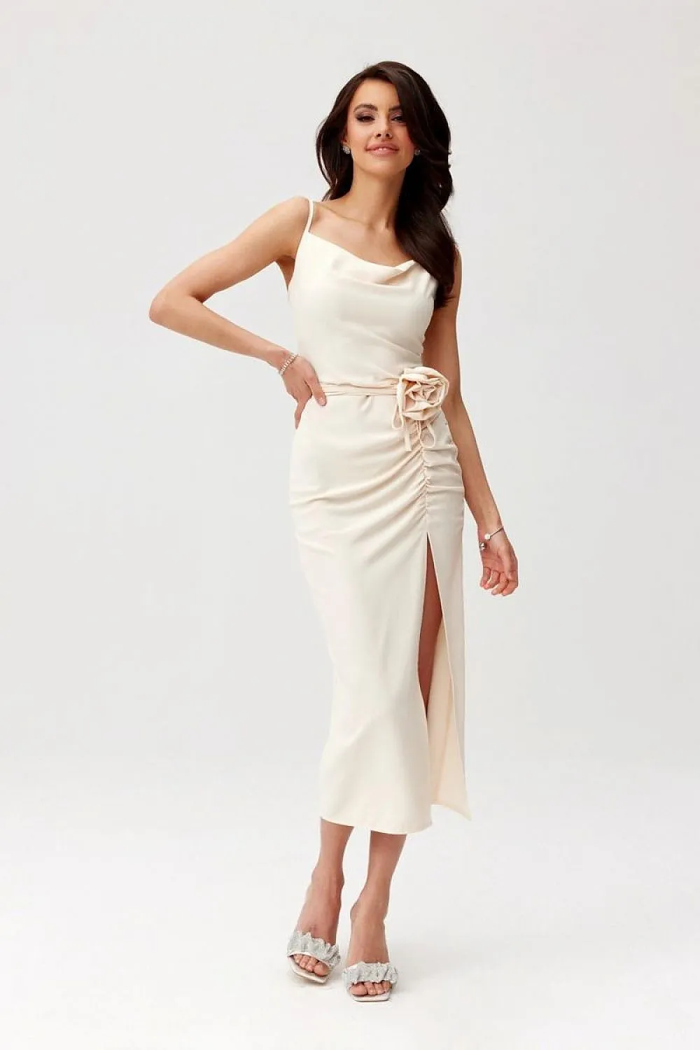 Draped Midi Dress with Rose Detail