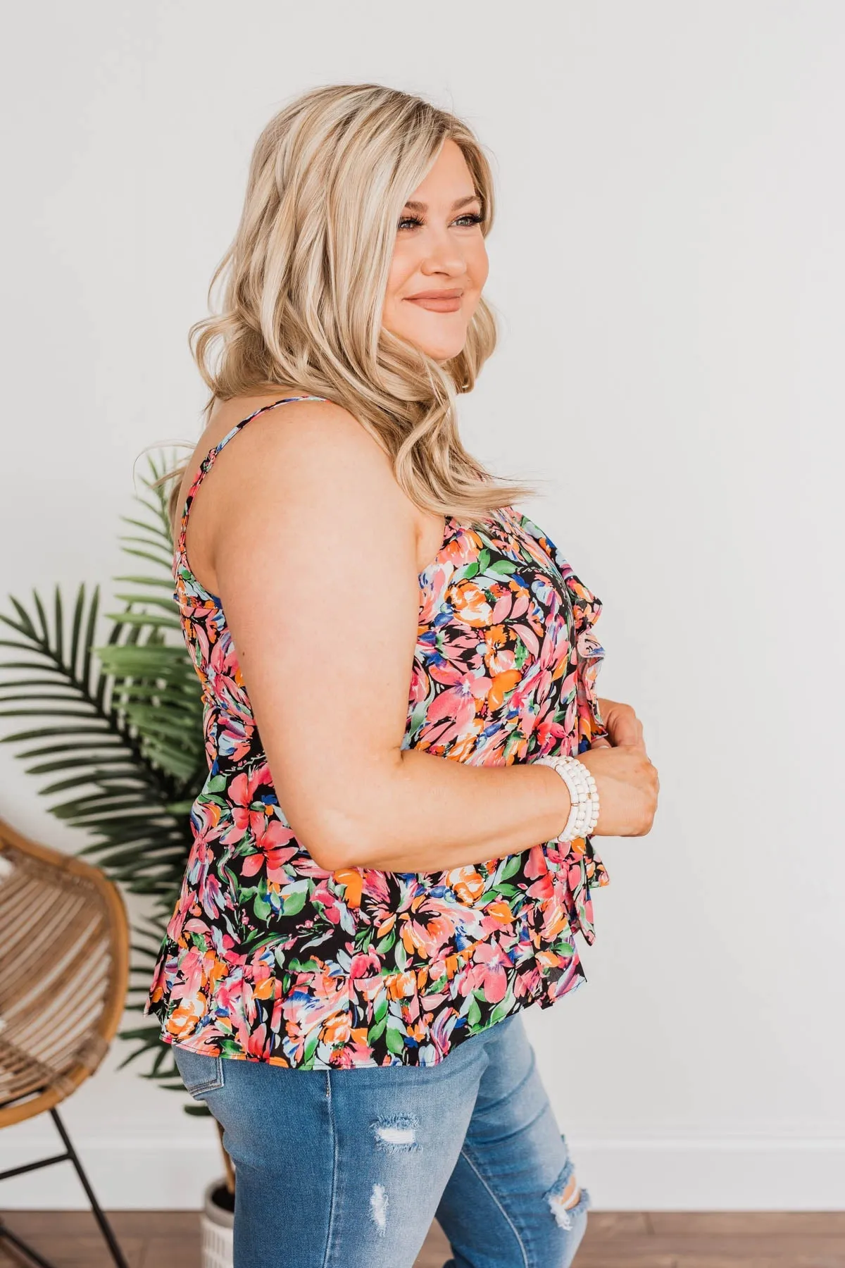 Dream Of The Beach Floral Tank- Black