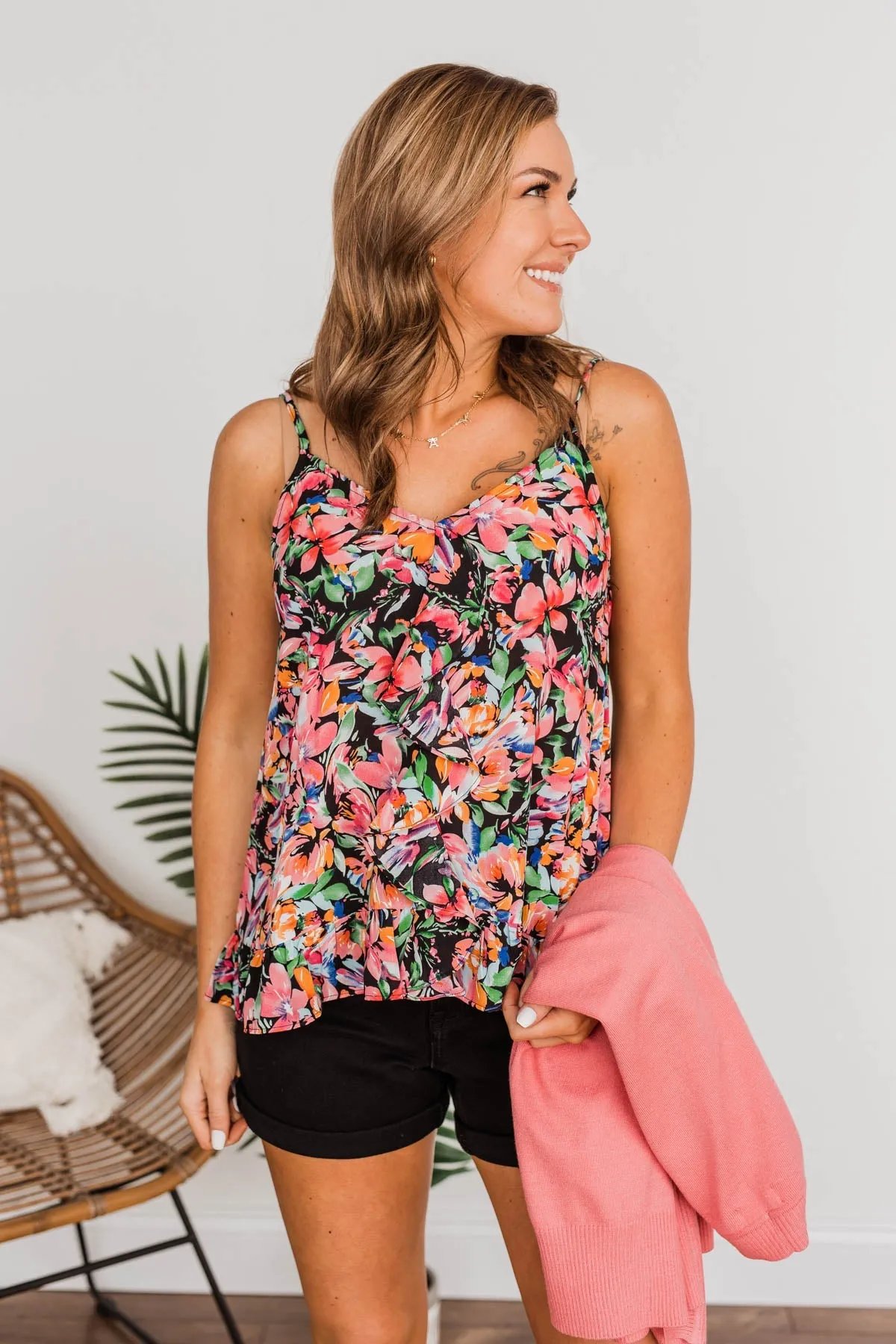Dream Of The Beach Floral Tank- Black