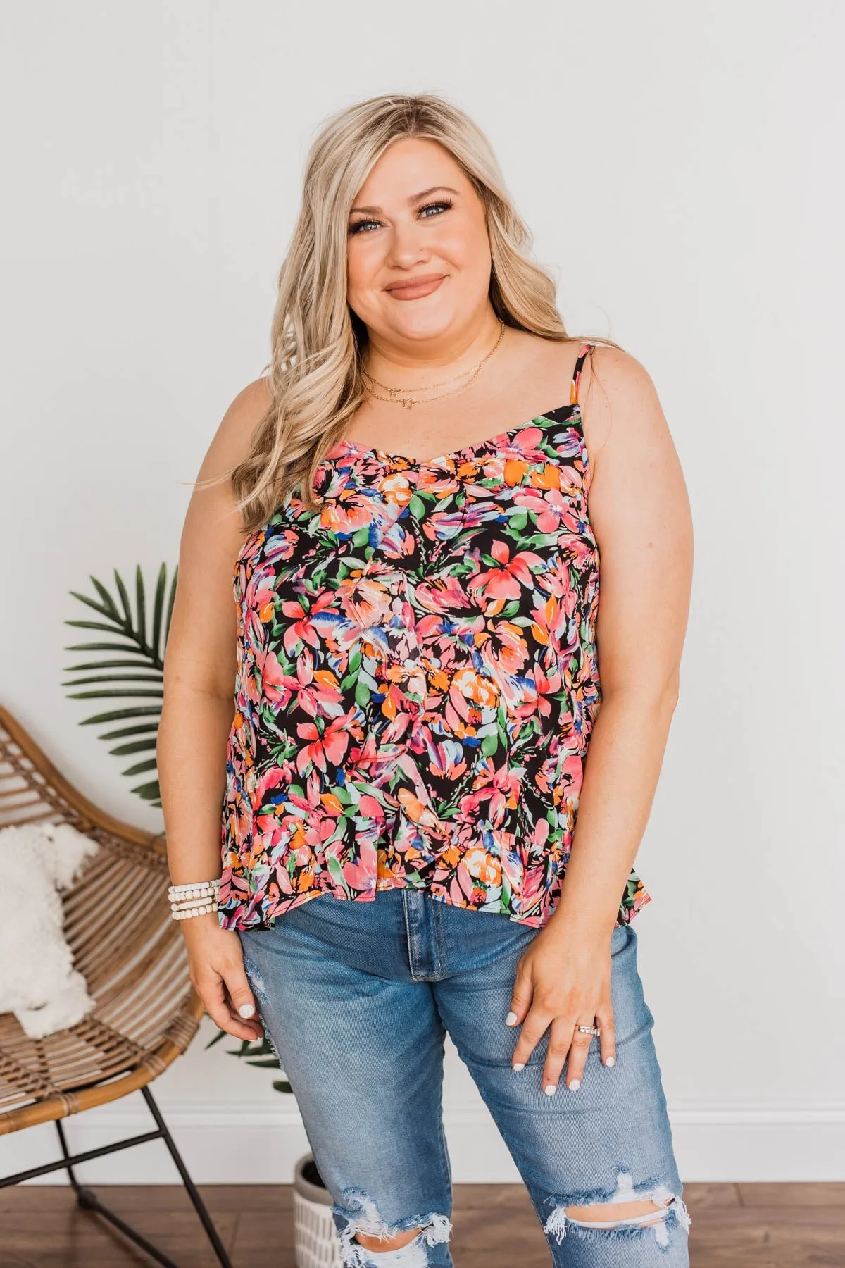 Dream Of The Beach Floral Tank- Black