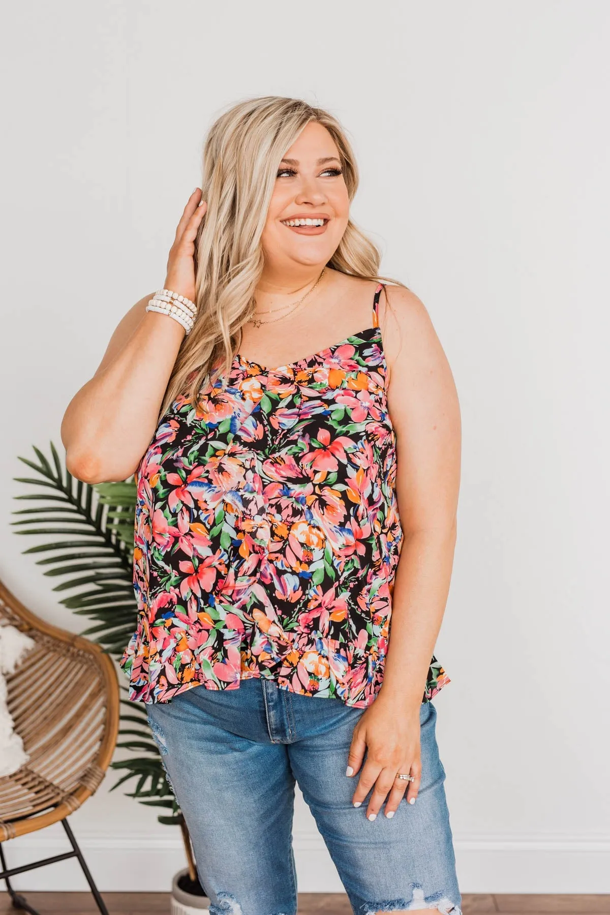 Dream Of The Beach Floral Tank- Black