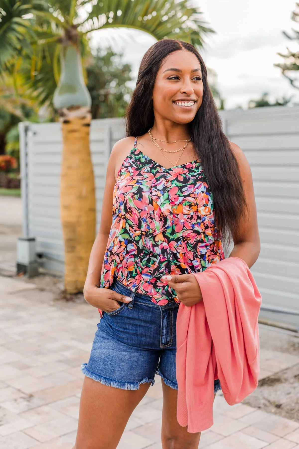 Dream Of The Beach Floral Tank- Black