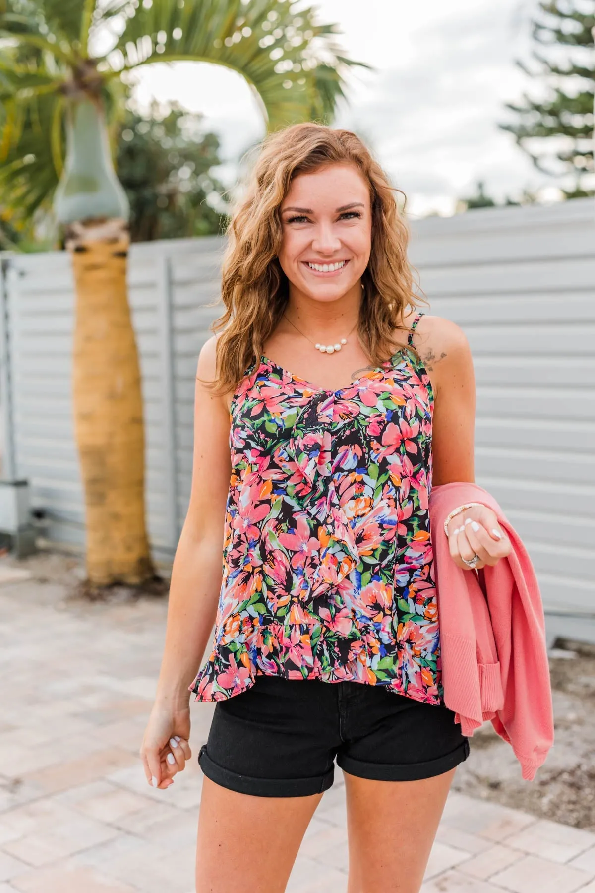 Dream Of The Beach Floral Tank- Black