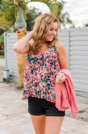 Dream Of The Beach Floral Tank- Black