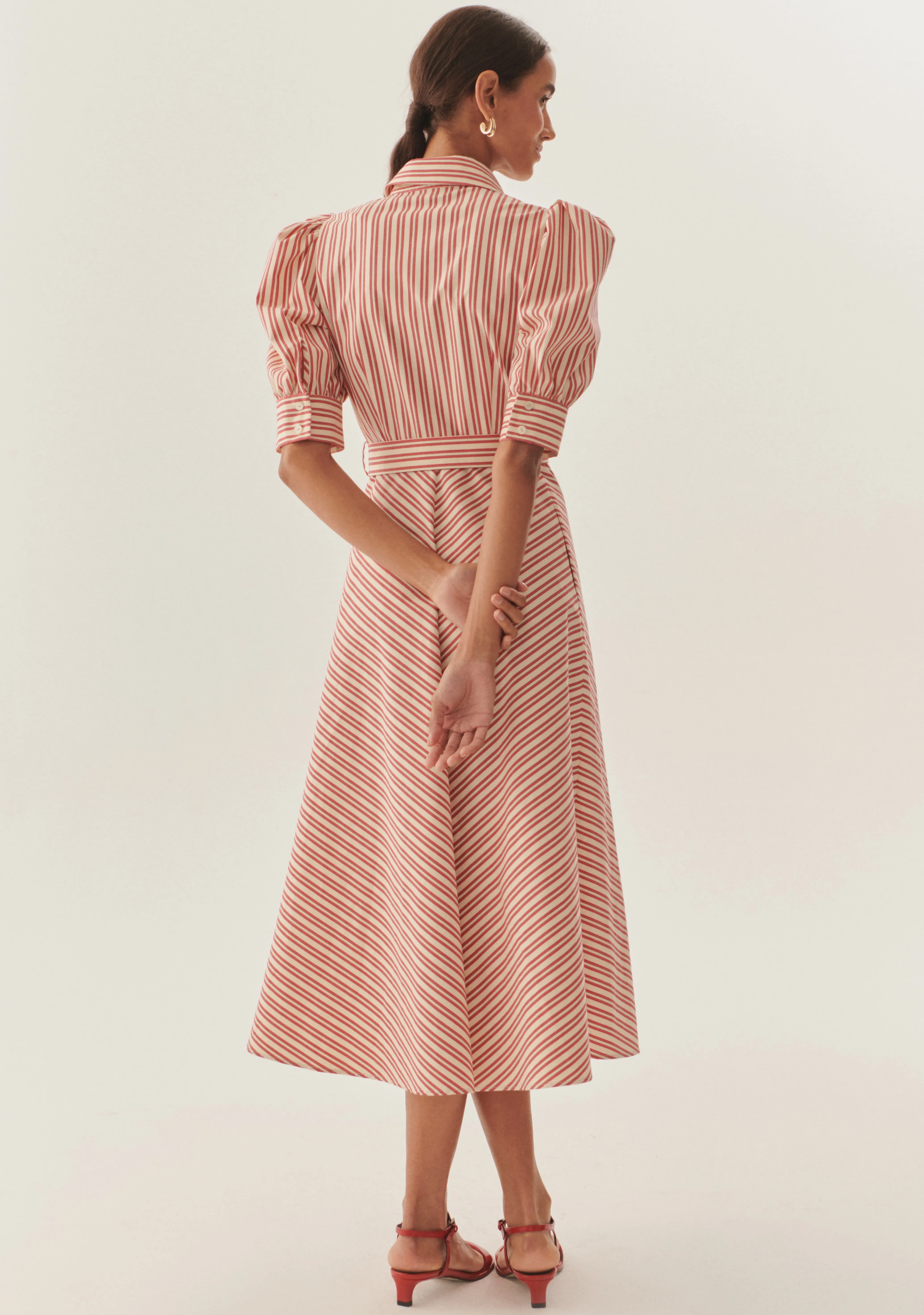 Exquise Elaina Red/Cream Striped Belted Midi Dress