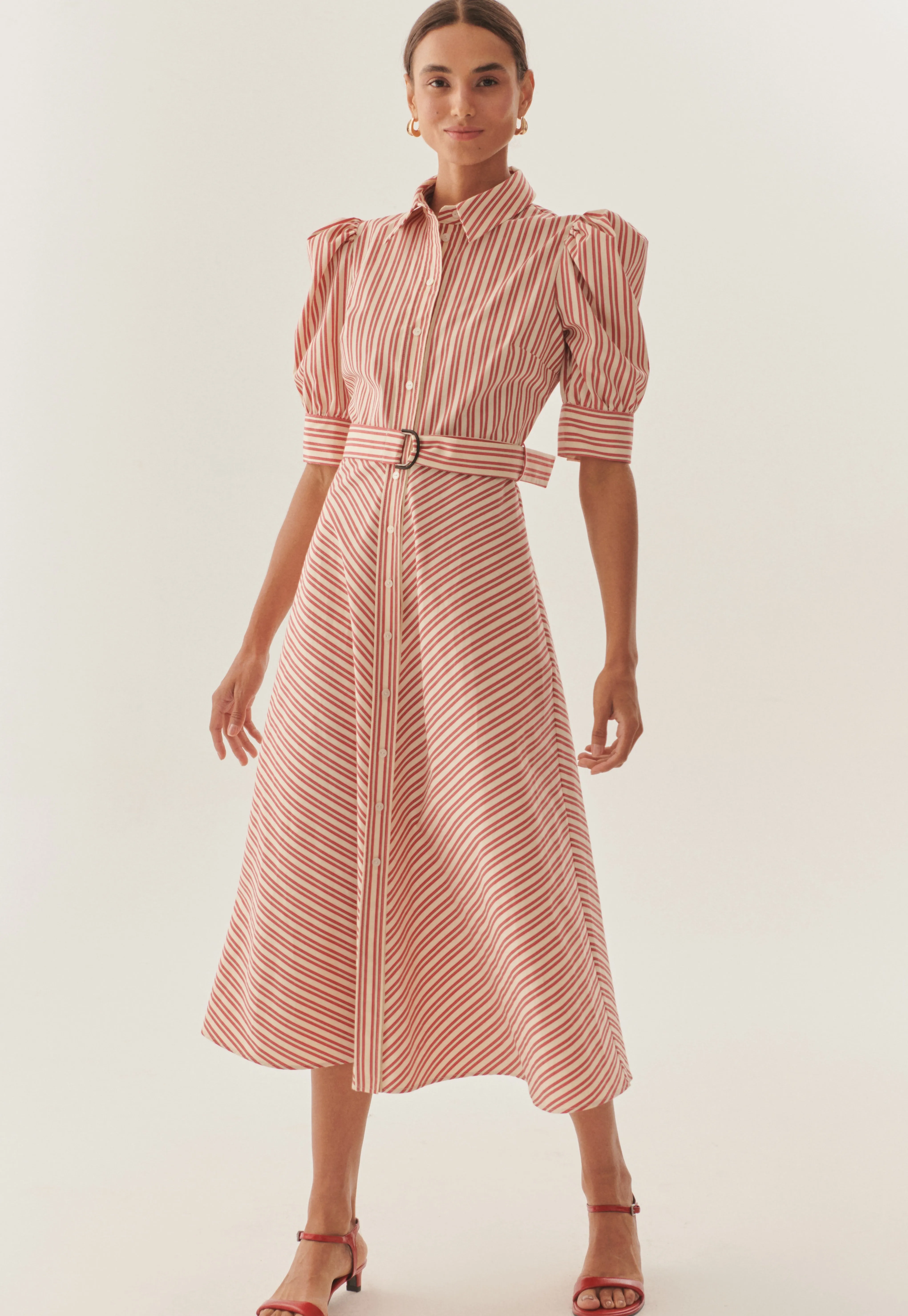 Exquise Elaina Red/Cream Striped Belted Midi Dress