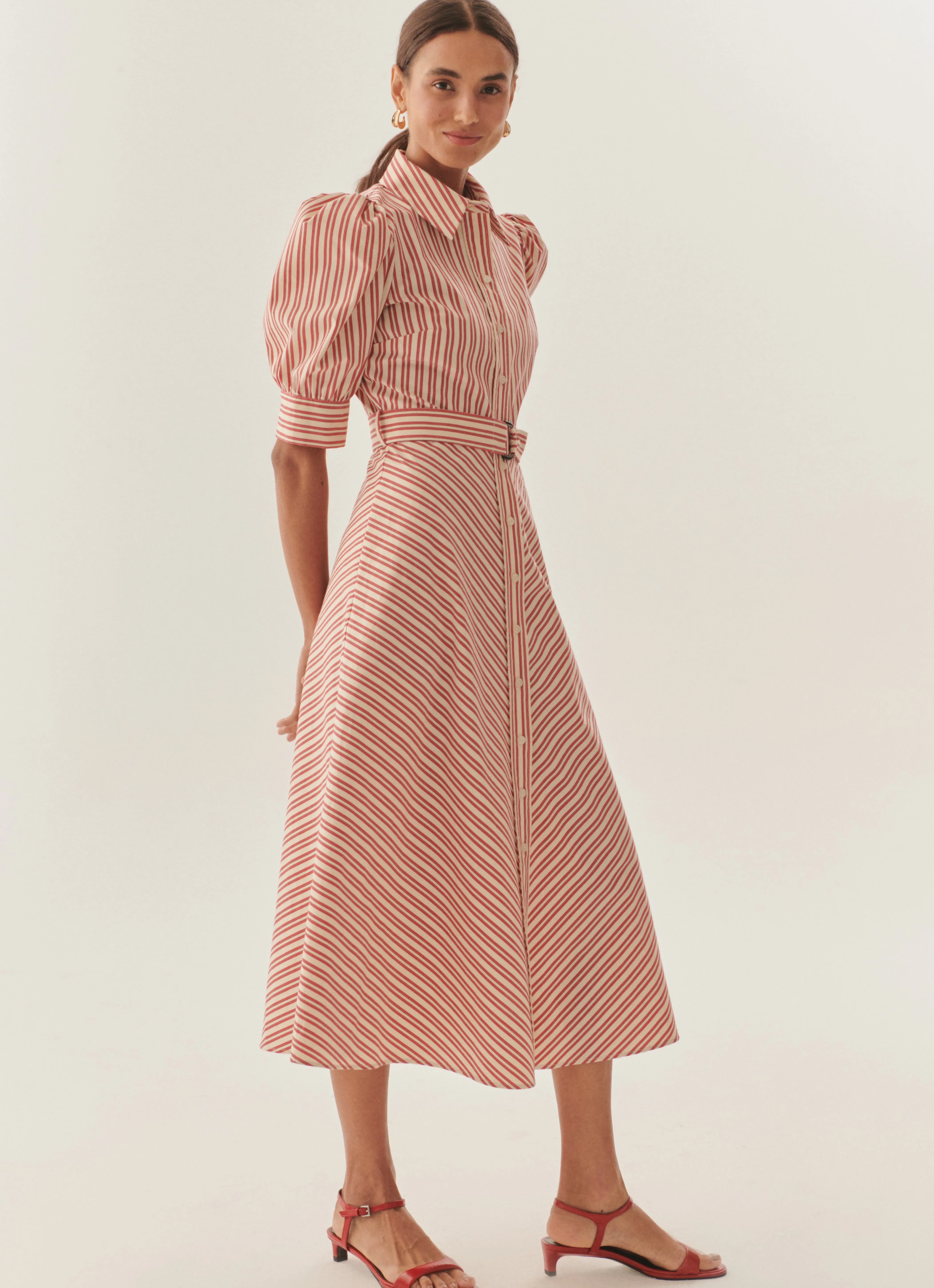 Exquise Elaina Red/Cream Striped Belted Midi Dress