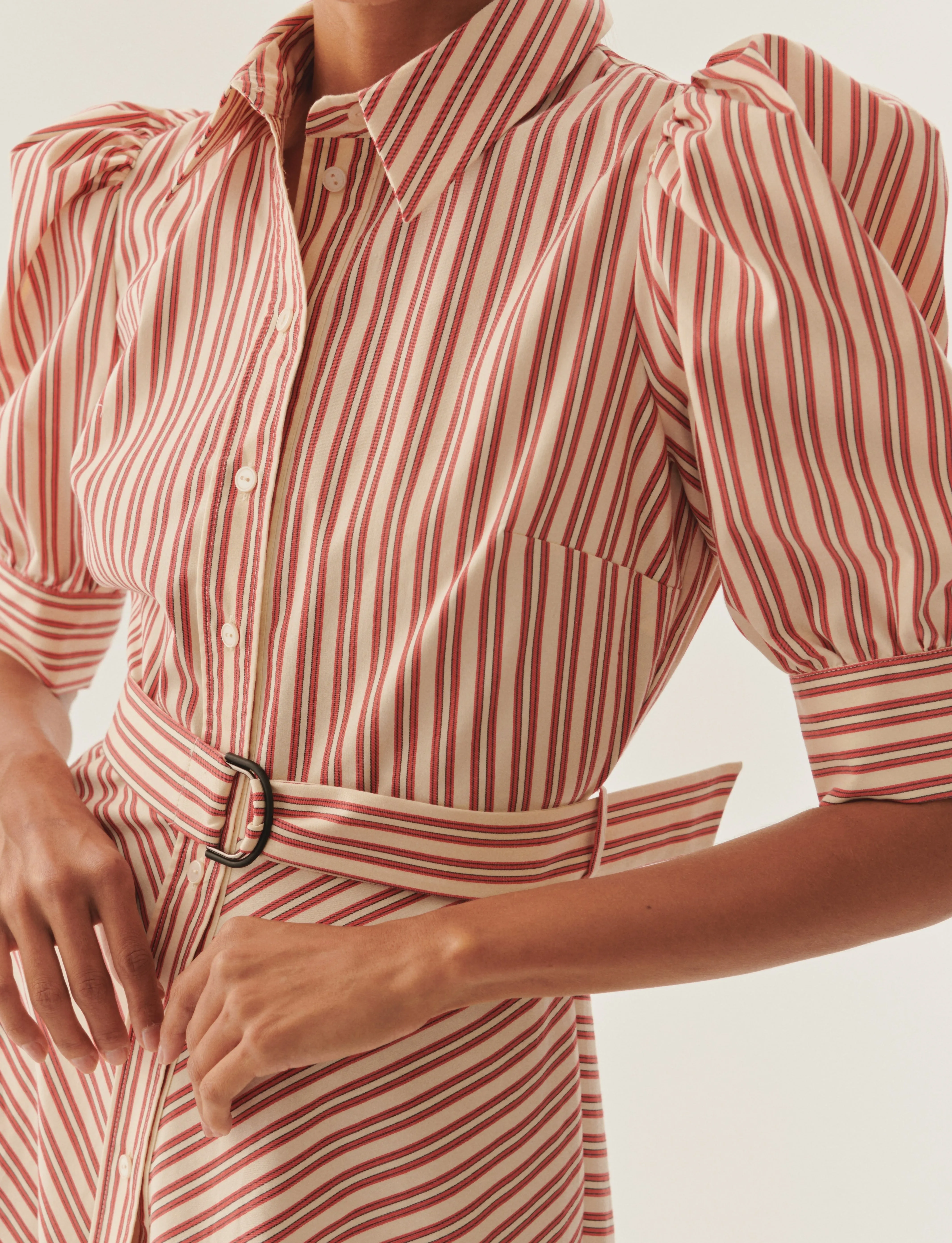 Exquise Elaina Red/Cream Striped Belted Midi Dress