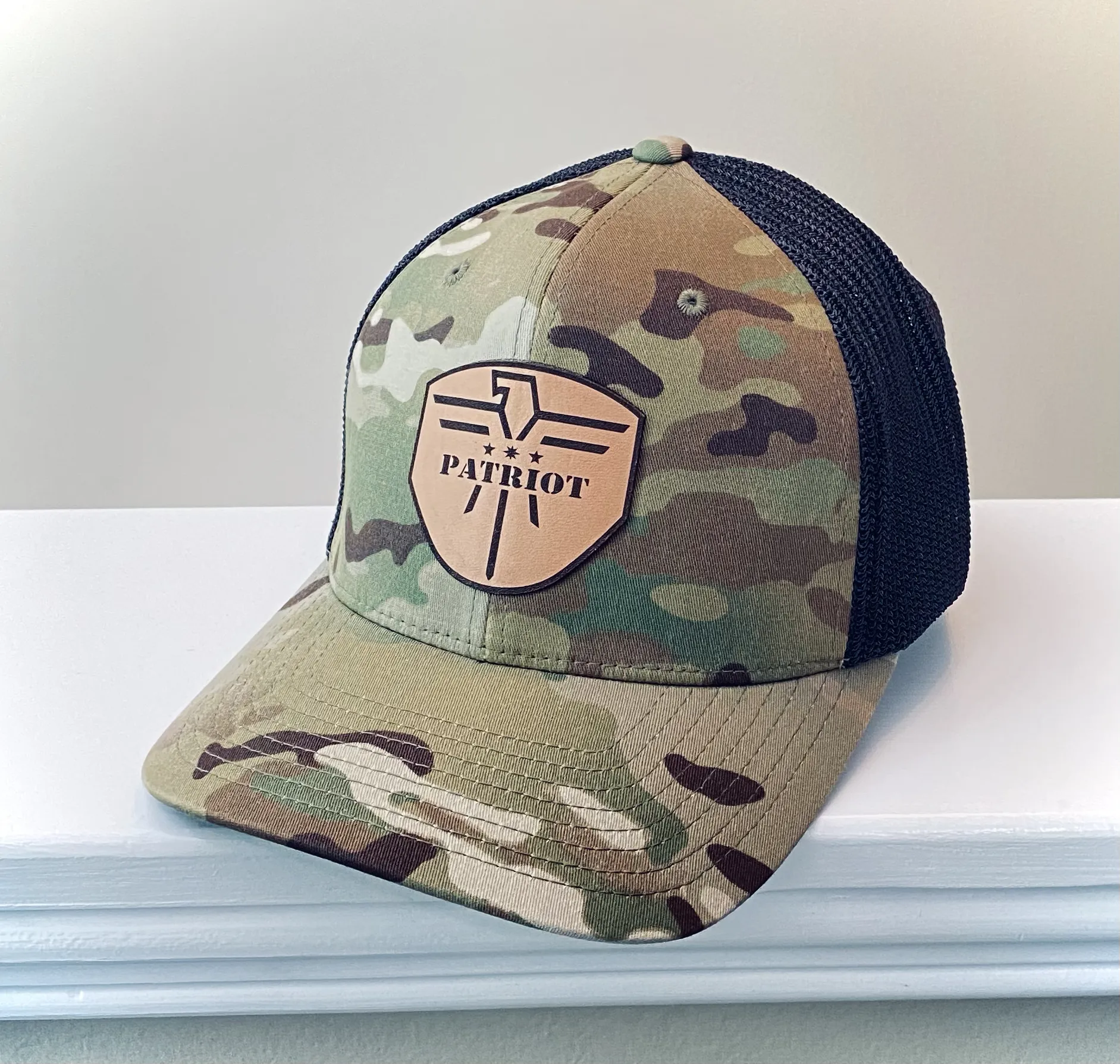 FlexFit Green Camo/Black Black Leather Patch