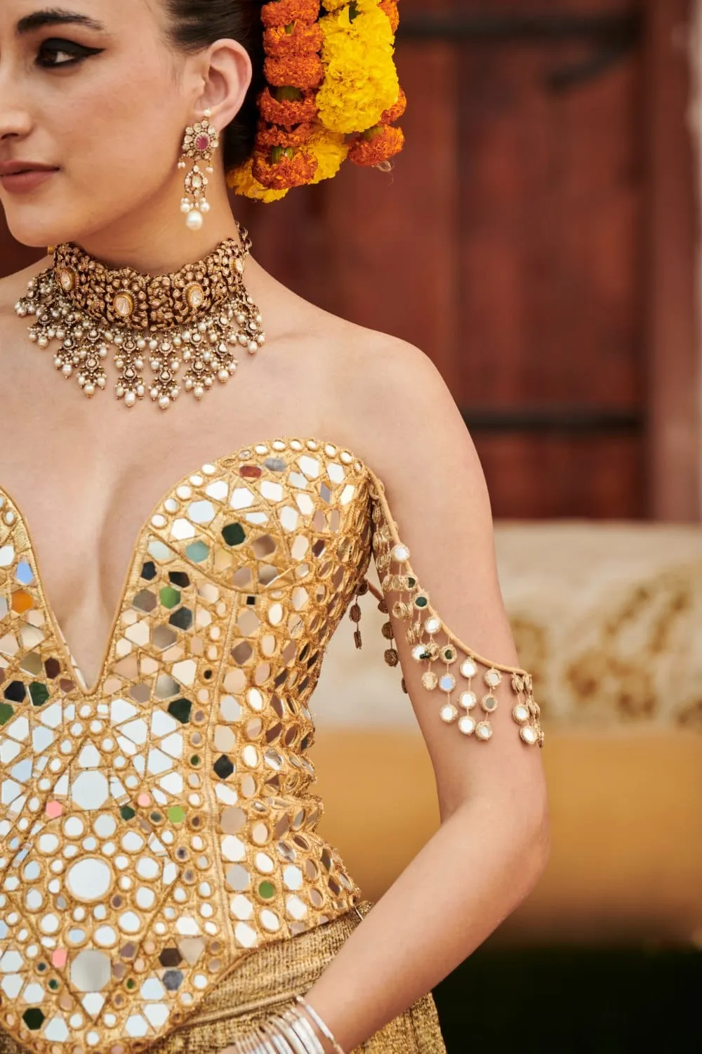 Gold Lampi Gota Mirror Embroidered Sharara Set