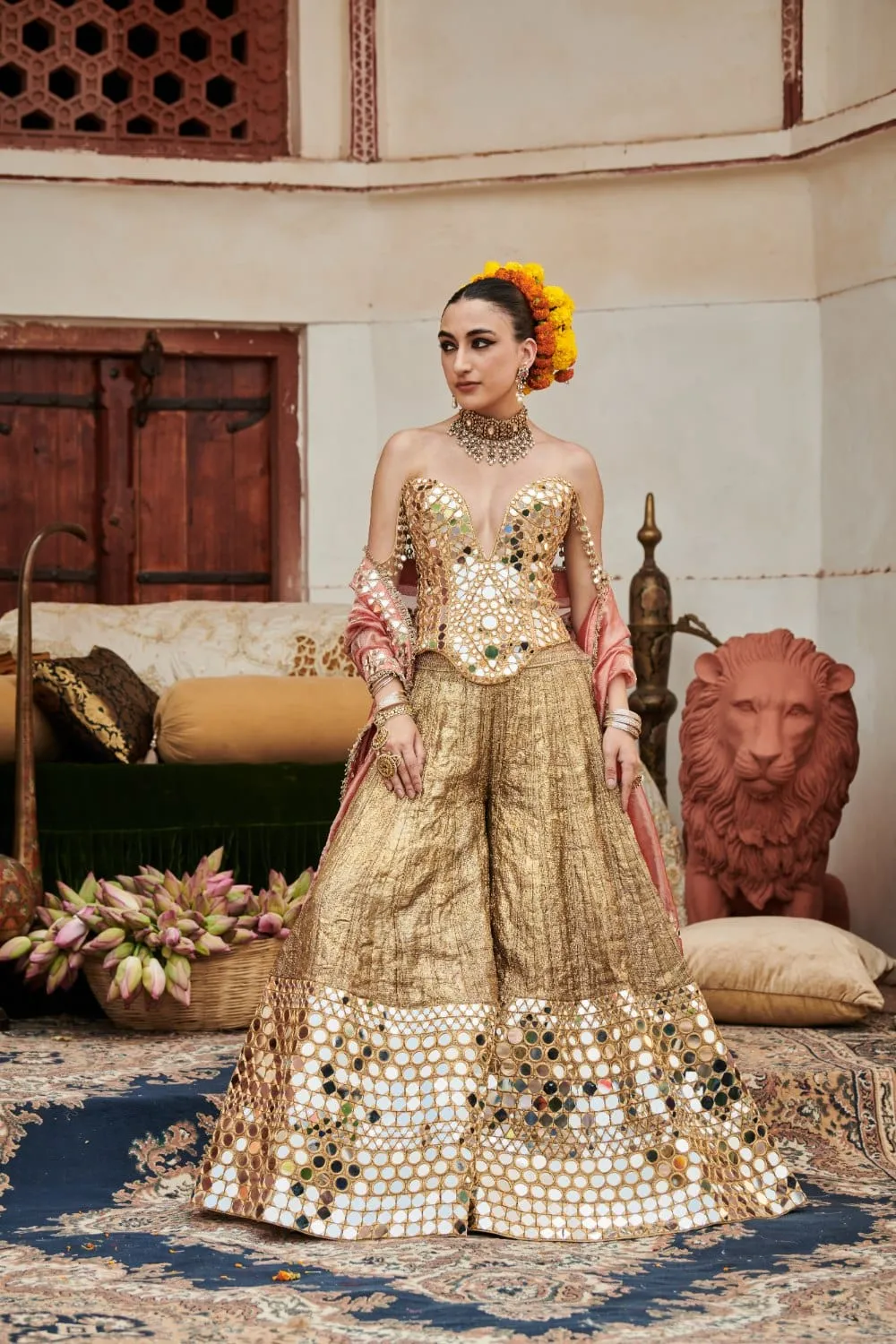 Gold Lampi Gota Mirror Embroidered Sharara Set