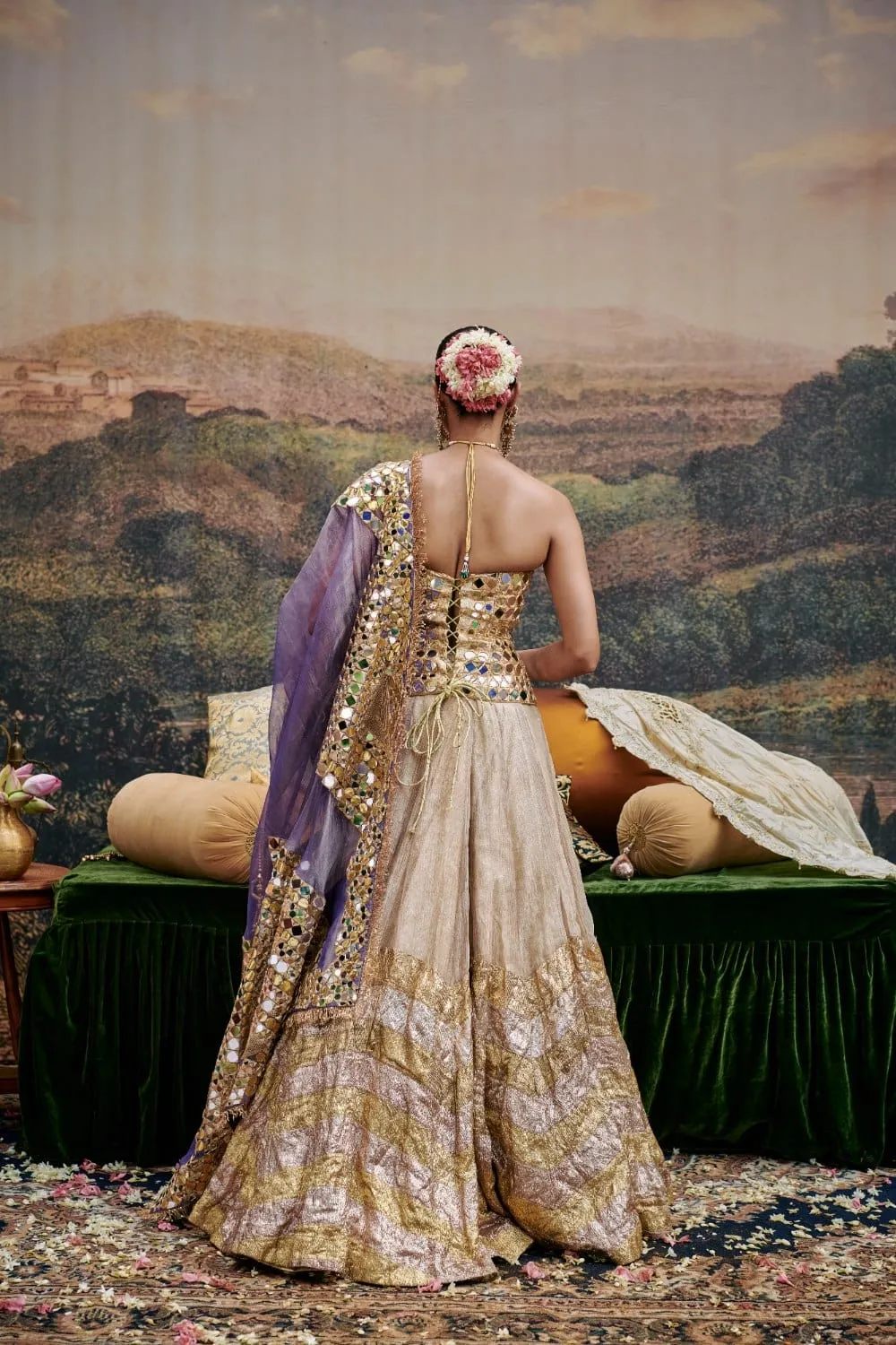 Gold Tissue Chevron Printed Lehenga Set