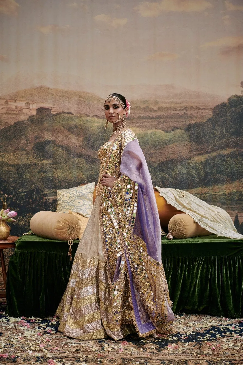 Gold Tissue Chevron Printed Lehenga Set