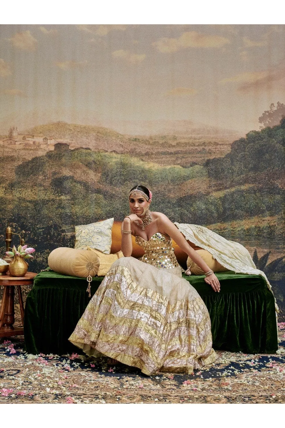 Gold Tissue Chevron Printed Lehenga Set