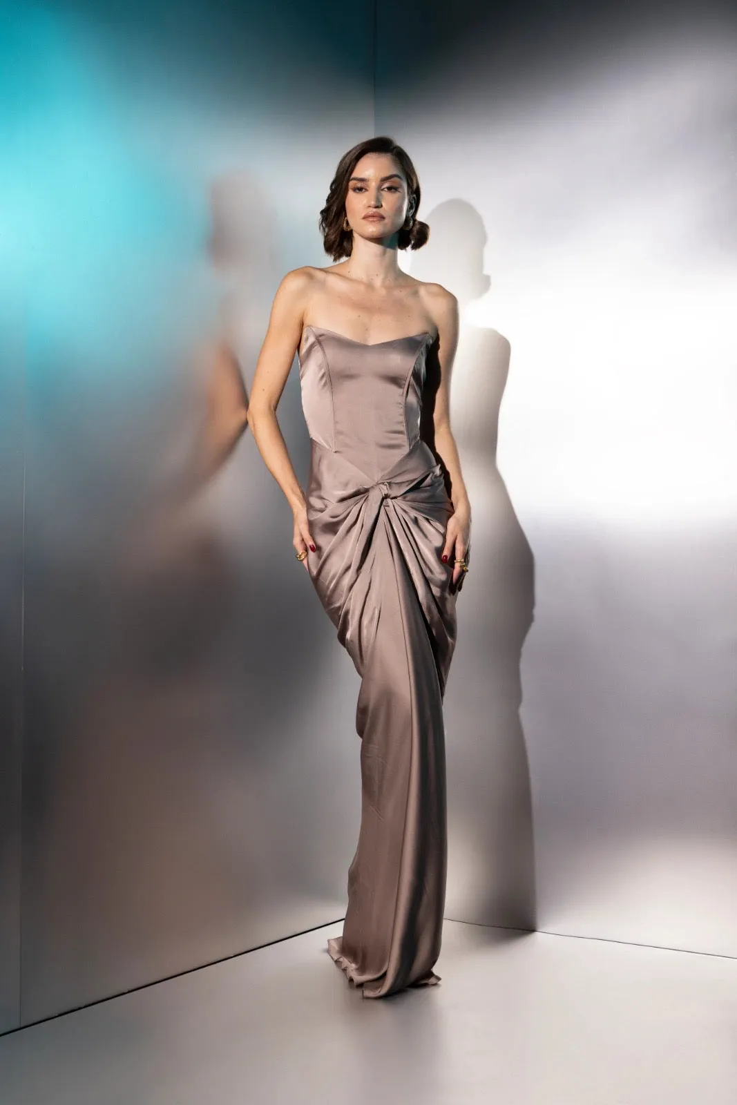 Good reasons - Taupe corset draped maxi dress
