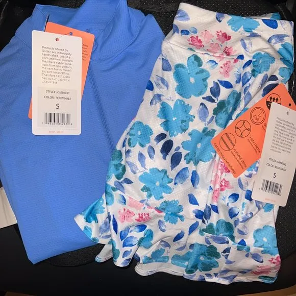Gottex Golf Tennis Pickle Ball Women's 1/4 Zip Top &amp; Blue Daisy Skort Small NWT