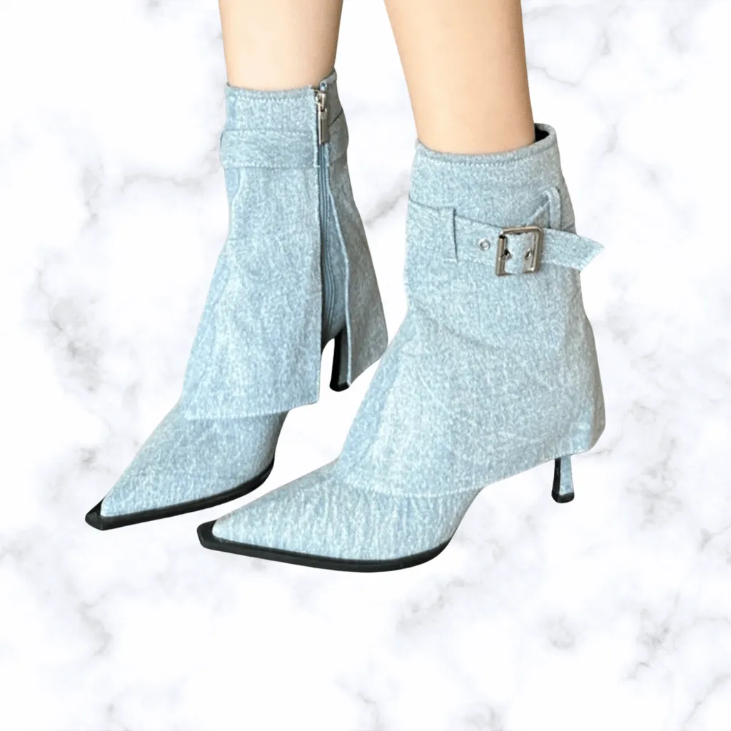 Handmade Denim Pointed Toe Ankle Boots with Buckle and Zipper, Thin High Heels for Women