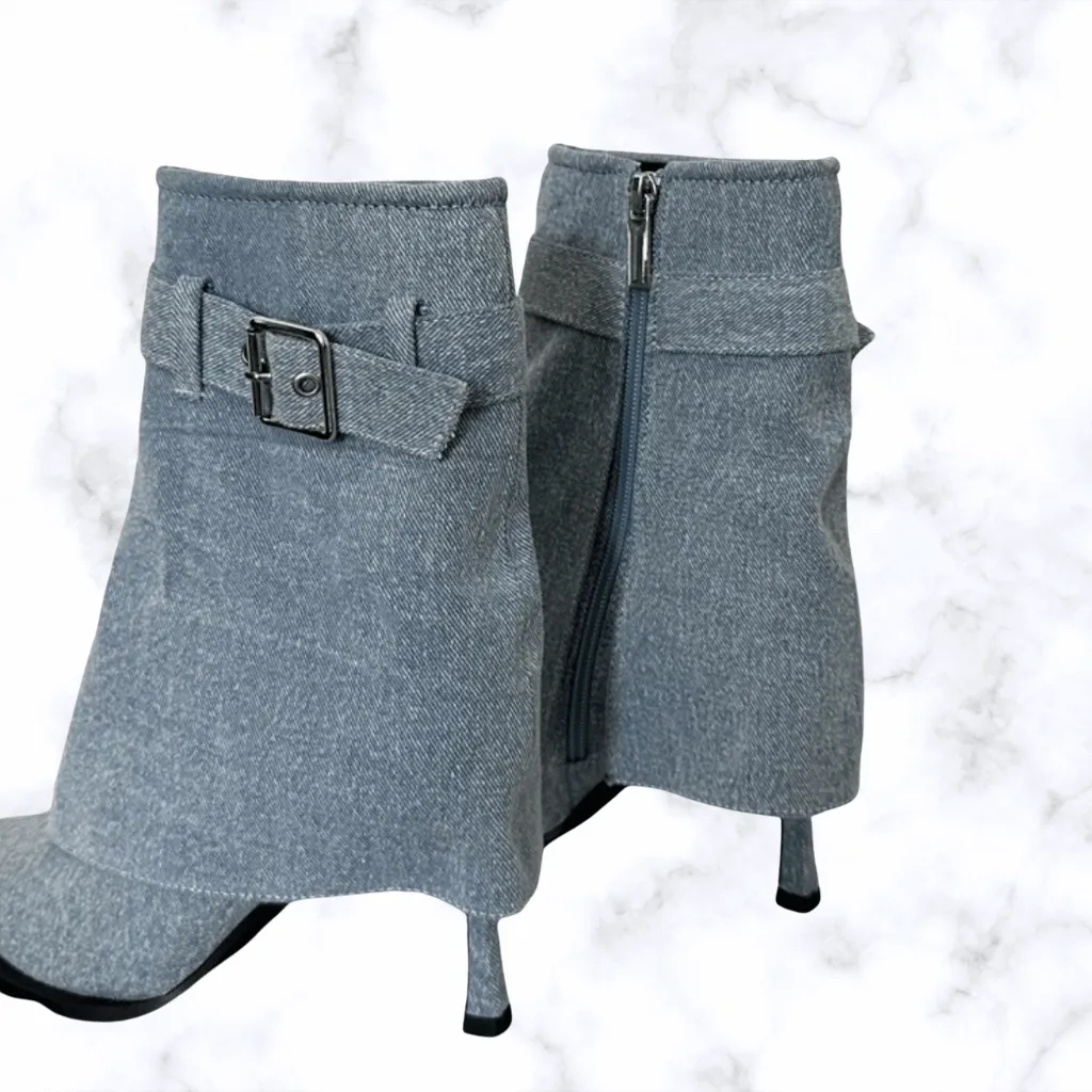 Handmade Denim Pointed Toe Ankle Boots with Buckle and Zipper, Thin High Heels for Women