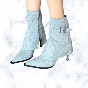 Handmade Denim Pointed Toe Ankle Boots with Buckle and Zipper, Thin High Heels for Women
