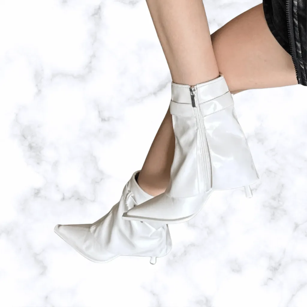 Handmade Denim Pointed Toe Ankle Boots with Buckle and Zipper, Thin High Heels for Women