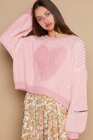 HEART PATCH ZIPPER POINT SLEEVE SWEATER (Pink)