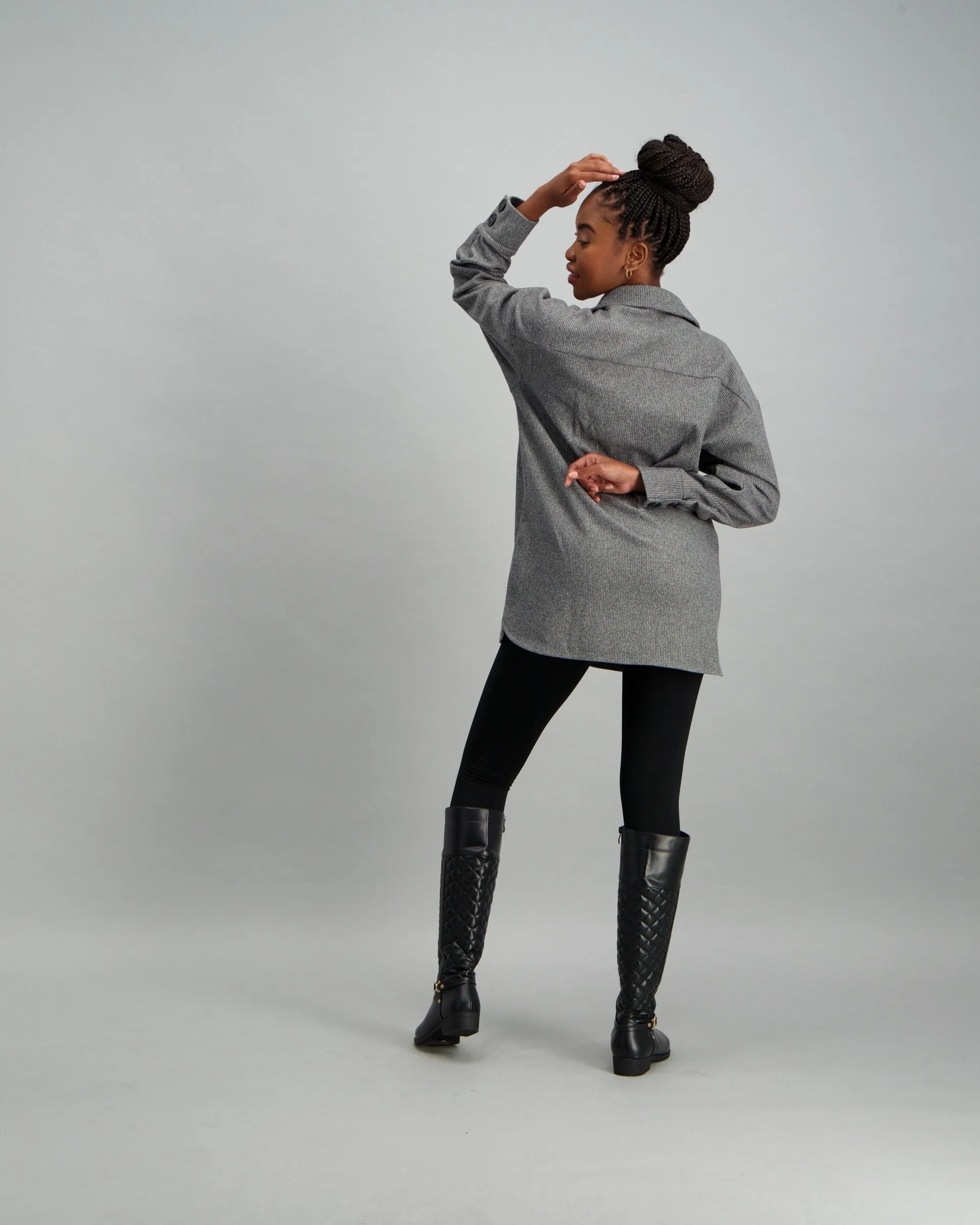Ladies Plaid Shacket - Charcoal