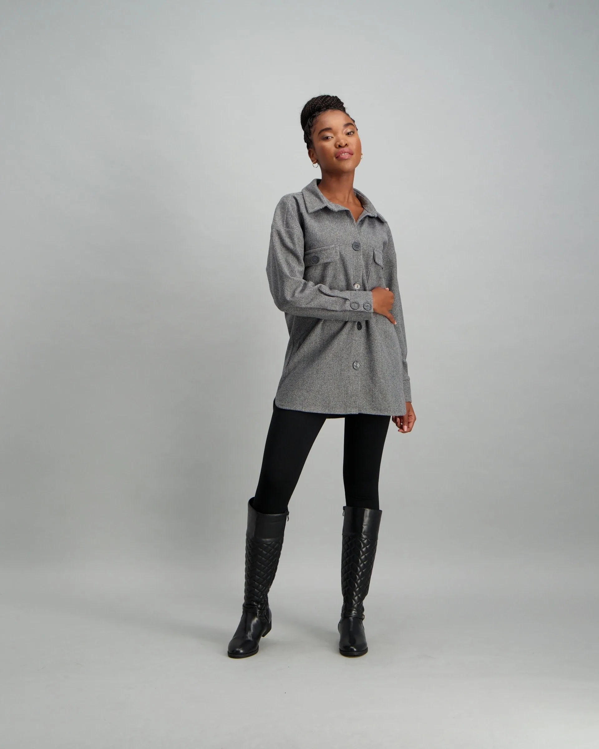 Ladies Plaid Shacket - Charcoal