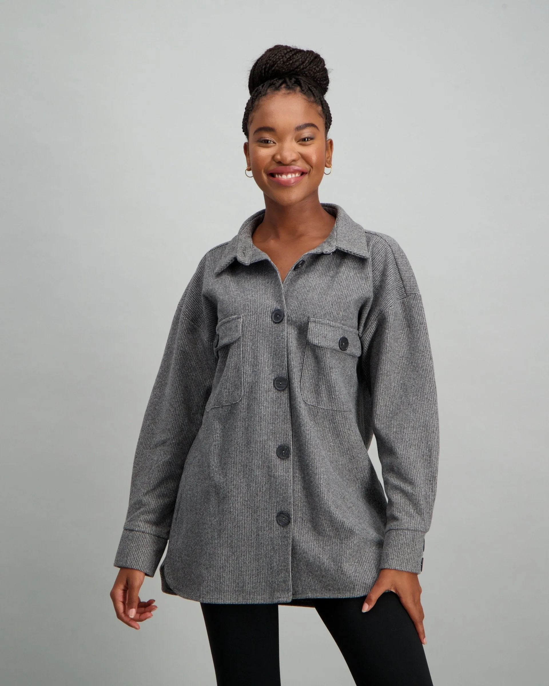 Ladies Plaid Shacket - Charcoal