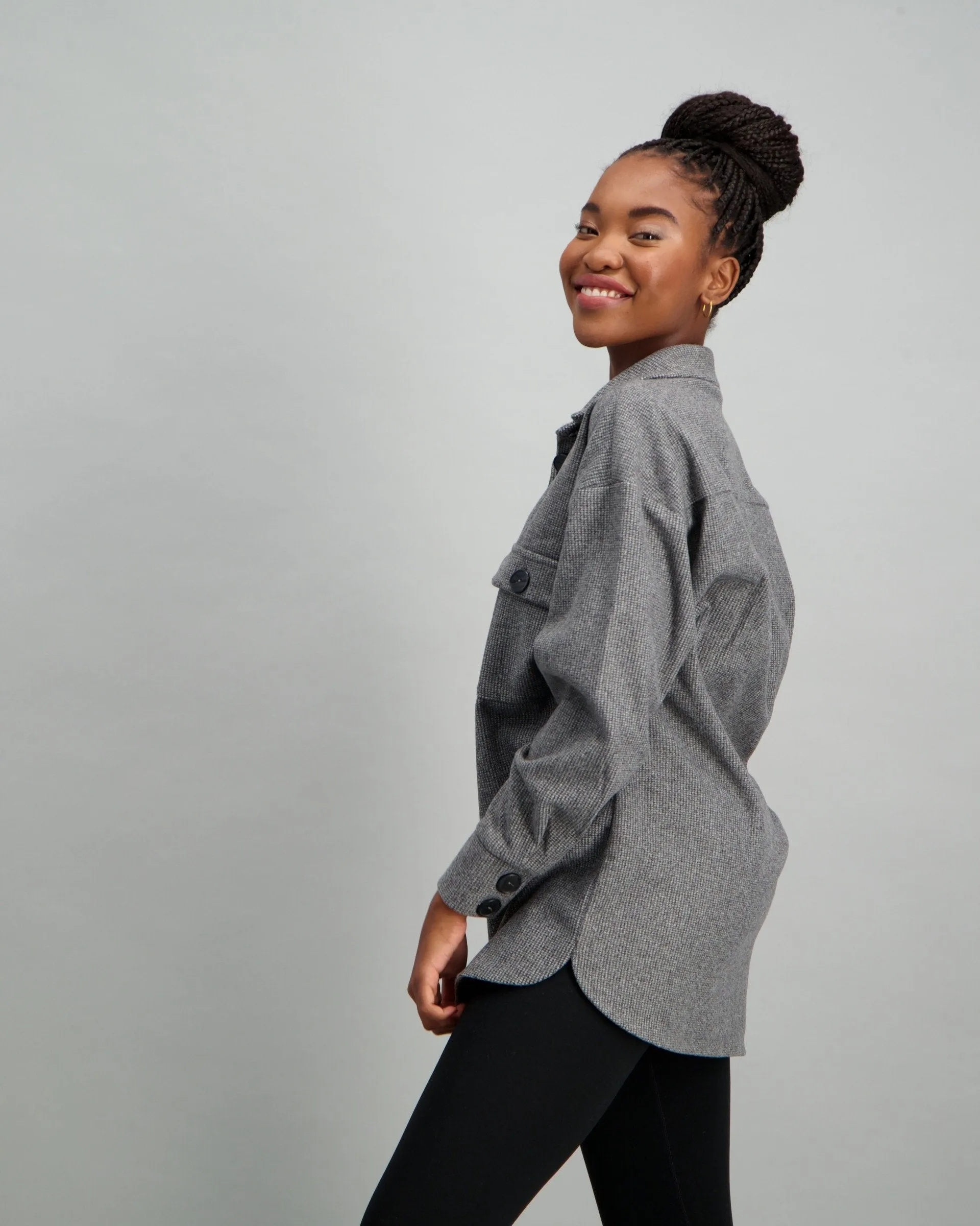 Ladies Plaid Shacket - Charcoal